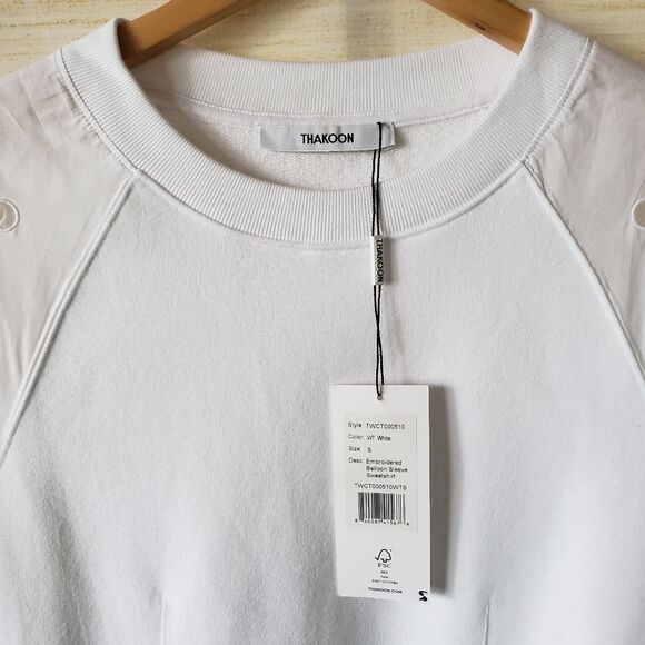 Thakoon Cotton Crew Eyelet Embroidered Balloon Sleeve Sweatshirt White Small - Picture 7 of 11